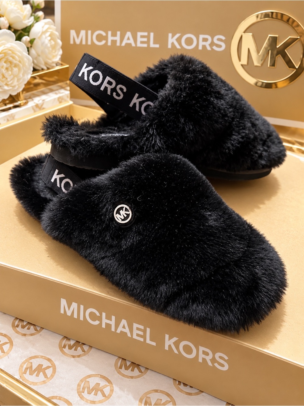 Michael Kors Black Faux-Fur Slide Slippers with Logo Strap